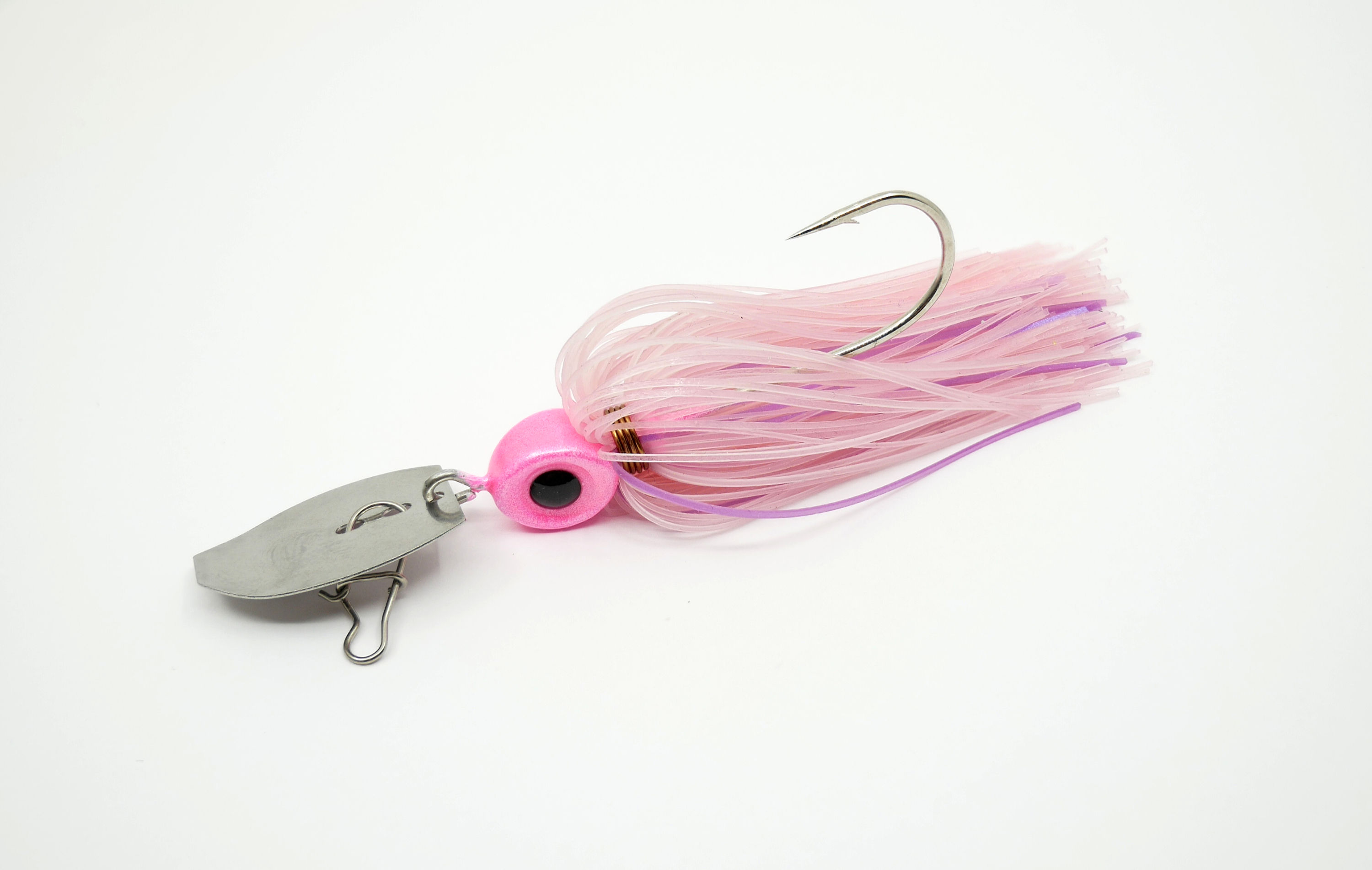 Cotton Candy Pearl Slayer Bladed Jig with pink head, silver blade, and pearl pink skirt