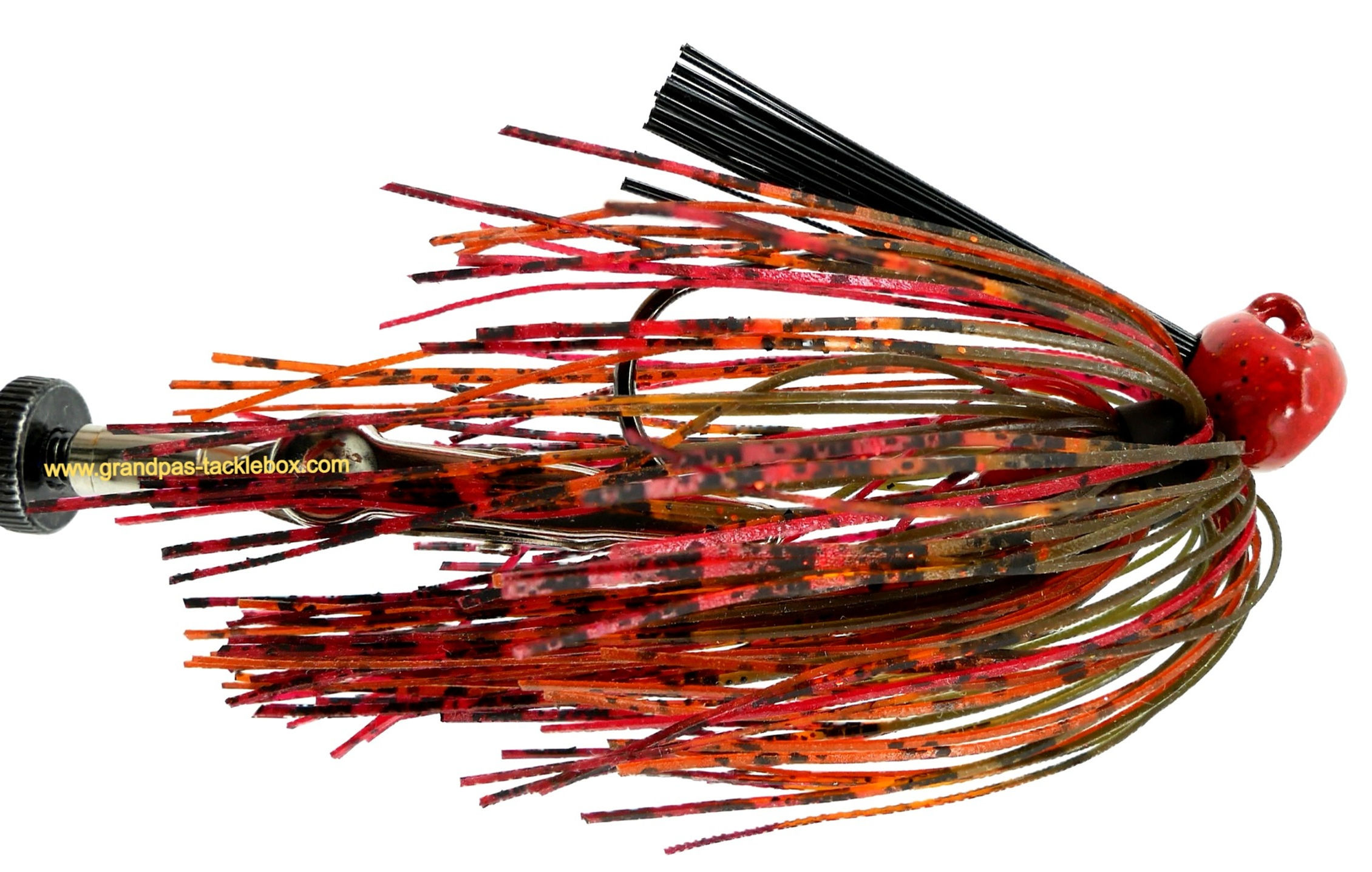 Side view of Red Craw Skirted Weedless Flat Bottom Football Jig