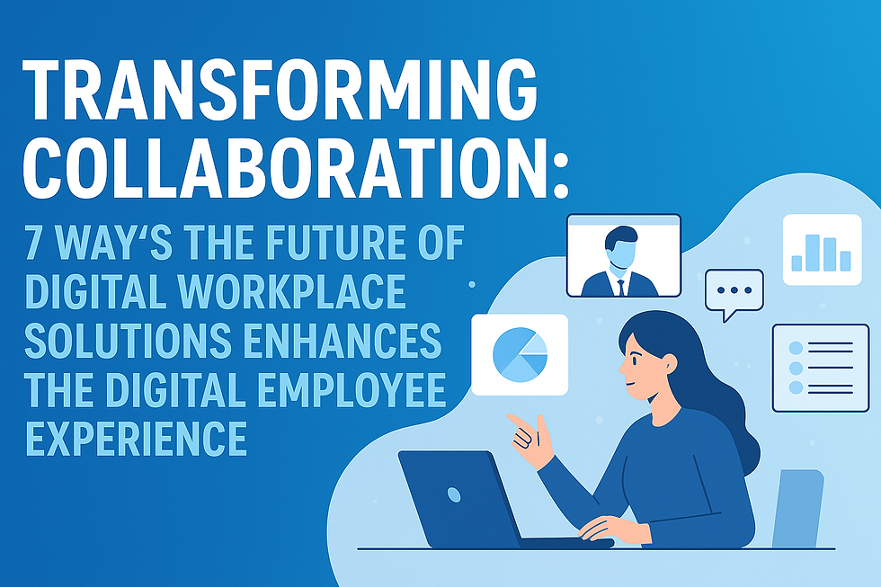 Illustration of a woman at a laptop, surrounded by icons of charts and communication. Text: Transforming Collaboration: 7 Ways...