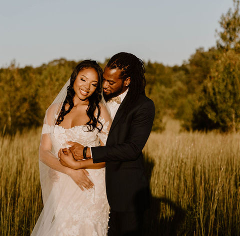 Bride and groom embracing during golden hour at Cedar Hills Farm wedding venue near Chattanooga, Tennessee