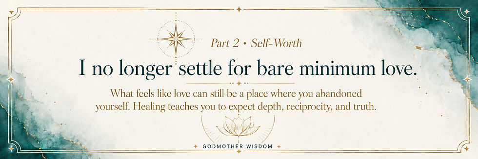 Elegant quote poster with teal and gold accents: Part 2 • Self-Worth, I no longer settle for bare minimum love, GODMOTHER WISDOM