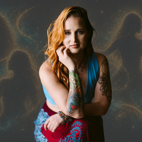 Danielle Rae surrounded by glowing spiritual feminine silhouettes representing soul family, chosen sisterhood, healing, legacy, and women helping women rise.