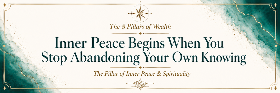 Teal-and-gold poster with ornate border and compass; text reads The 8 Pillars of Wealth and Inner Peace Begins...