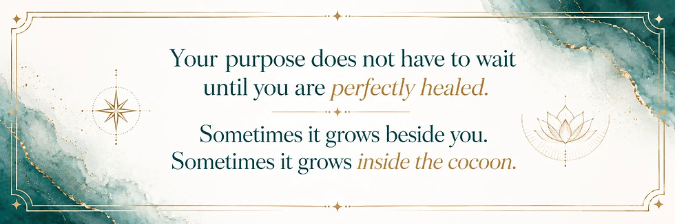 Inspirational quote with elegant borders, a compass, and lotus drawings on a white and teal watercolor background. Gold and teal text.