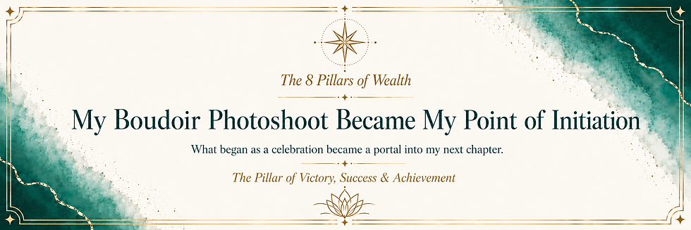Ornate teal-and-gold title card reading The 8 Pillars of Wealth and My Boudoir Photoshoot Became My Point of Initiation.