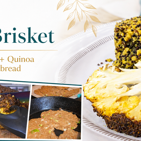 A plant-based recipe showcasing curried cauliflower brisket, instant pot red lentils with quinoa, and green onion spelt flatbread.