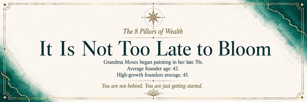 Elegant teal-and-gold motivational poster reading It Is Not Too Late to Bloom, with founder-age stats and encouraging message.