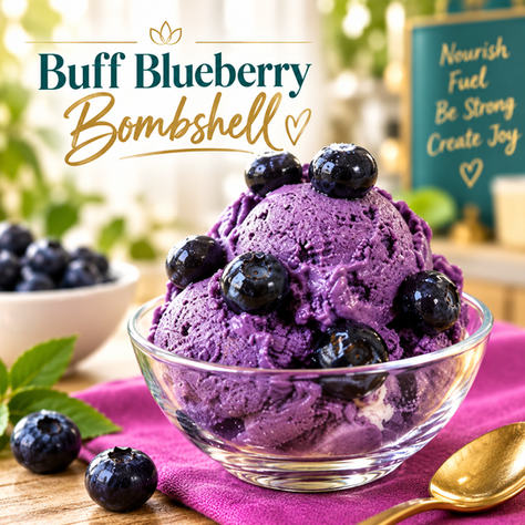 High-protein blueberry ice cream made with vegan protein and creatine, topped with fresh blueberries.
