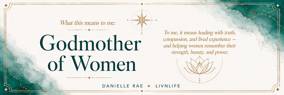 Godmother of Women title card with teal and gold accents, a compass and lotus, and text about leading with truth and compassion.