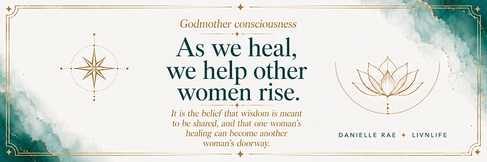 Elegant poster with gold border, teal watercolor corners, compass and lotus icons, and text: As we heal, we help other women rise.