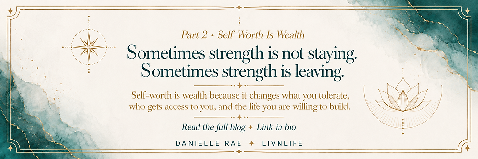 Teal-and-gold quote graphic with lotus icons; text reads Part 2 Self-Worth Is Wealth and Read the full blog Link in bio