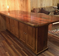 Wood stained kitchen island.