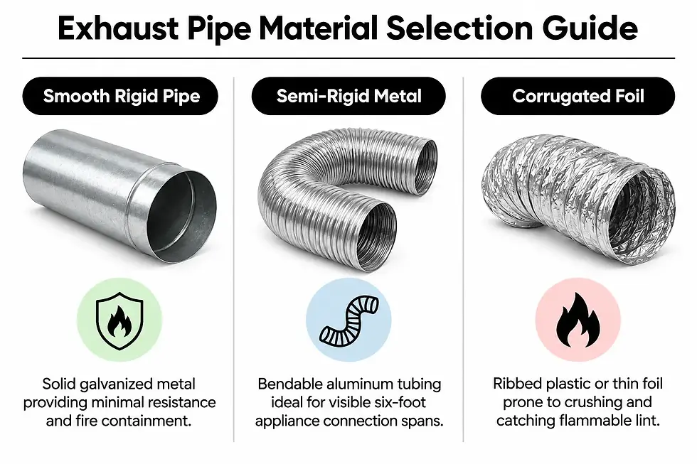 Comparing rigid metal ducting, semi-rigid flex, and corrugated foil for clothes dryers.