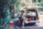 Afternoon tea at the Crater: Arnold at back of the van, Keith, then Dawn at front van door using binoculars. 16 March 1991. Photo by Lindsay Fisher.