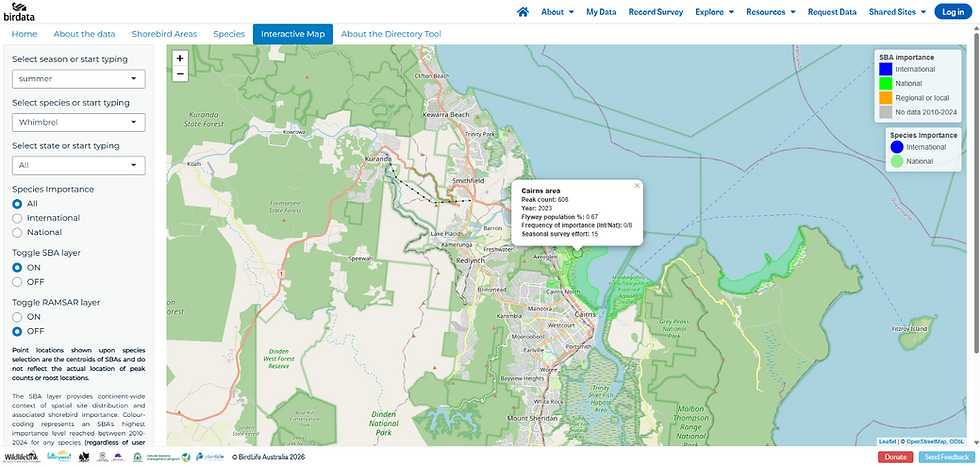 The interactive Directory tool available via the Birdata web portal allows users to explore shorebird data spatially.