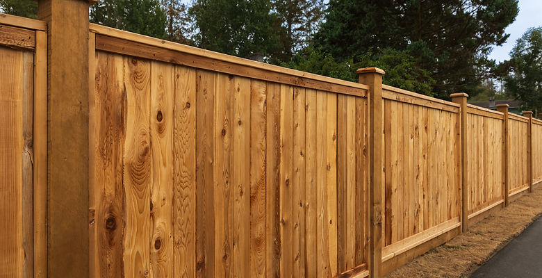 Big new wooden fence around the house and trees Wooden fence with green trees Fencing and