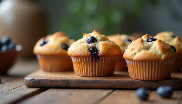 Close-up view of freshly baked sourdough blueberry muffins on a rustic wooden table