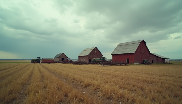Eye-level view of a vast American farm field with aging farming equipment