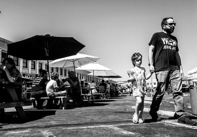 Daughter, father at a market, Downtown Los Angeles