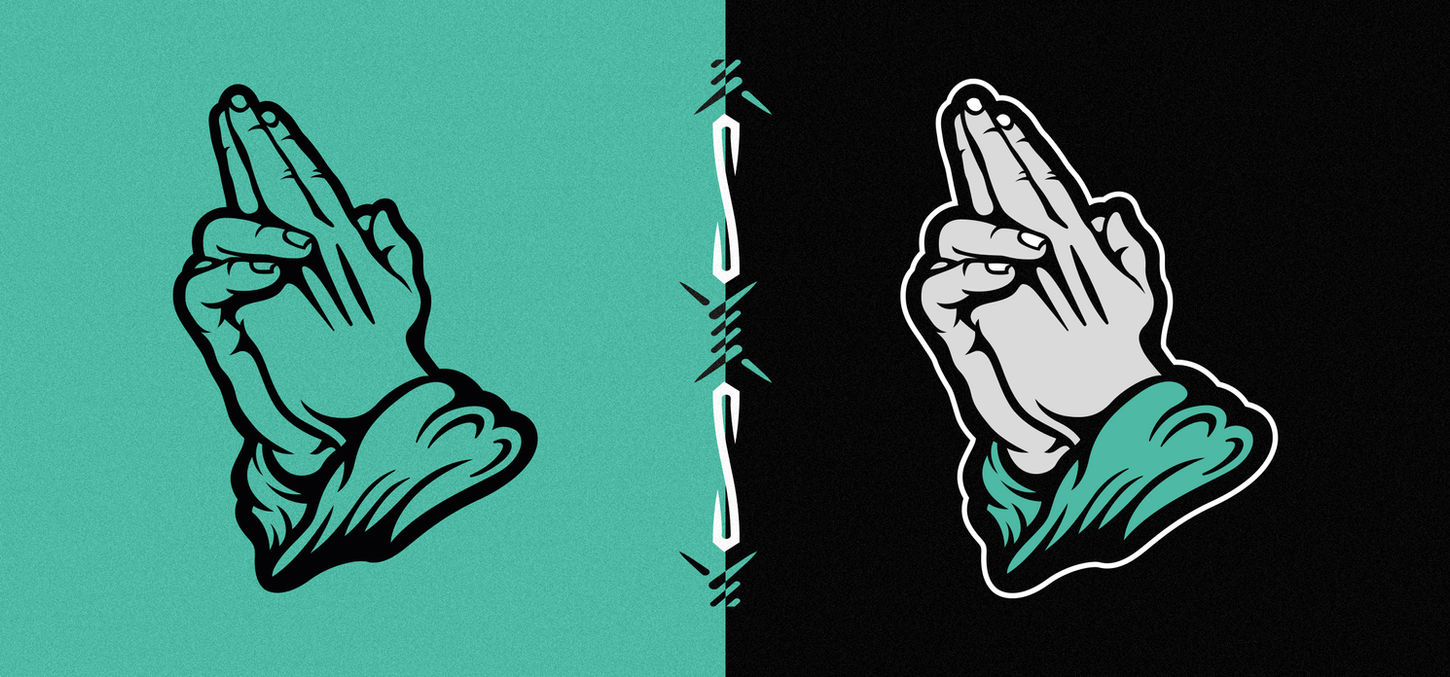 a modern graphic design logo of prayer hands with two of the fingers sticking upwards in the shape of a gun. There are two designs on the page, one on a green background and one on a black background