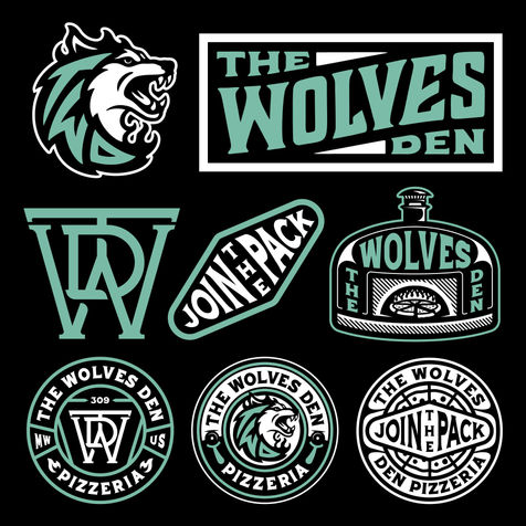 A set of "The Wolves Den Pizzeria" branding logos on a black background, including wolf heads, monogram, and badge variations, along with the slogan "Join the Pack," designed by freelance graphic designer Stephen Williams
