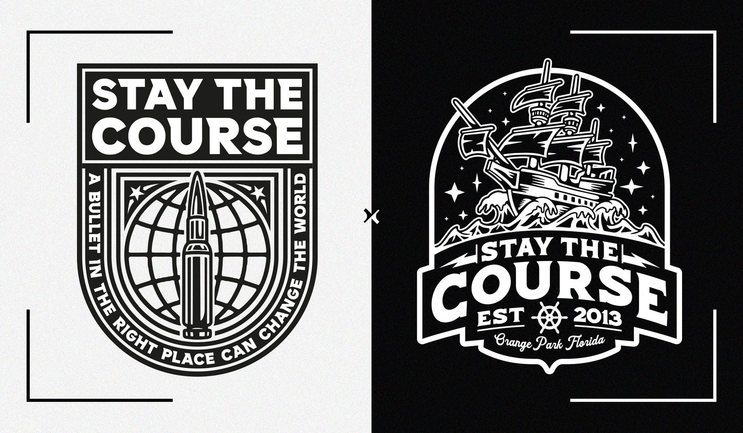 two t-shirt designs made for stay the course. on the left is a skeleton captain with a steering wheel and on the right is a pirates ship surrounded by a nights sky and the words stay the course underneath. both are designed by freelance graphic designer Stephen Williams