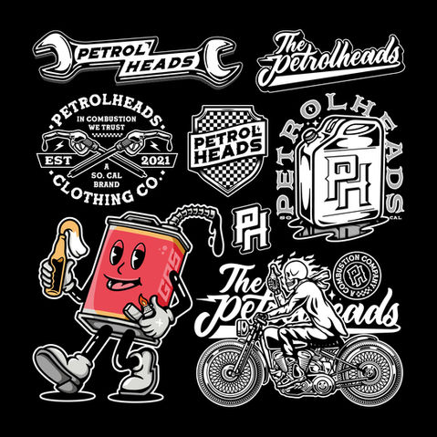 A selection of logos, graphics and branding designs for Petrolheads, a motocross themed clothing brand