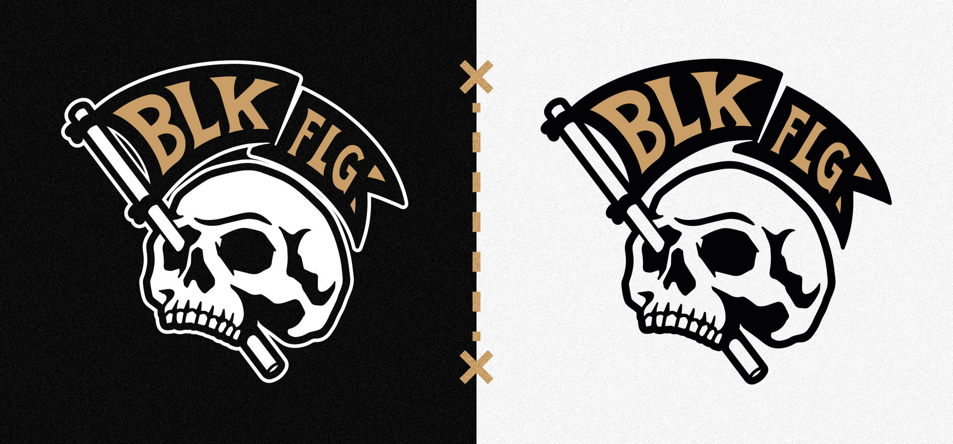 two graphic designs of a skull with a flag saying BLK FLG on a white and black background, designed by freelance graphic designer, Stephen Williams