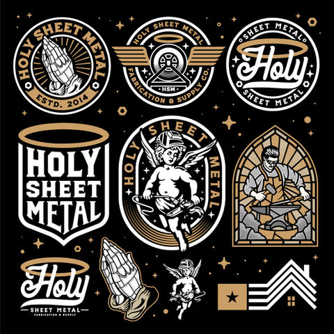 A selection of logos, graphics and branding designs for Holy sheet metal, a sheet metal company with a holy church theme