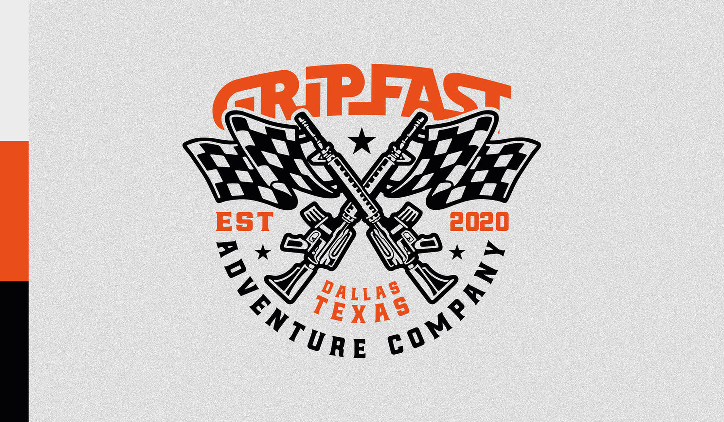 a bold graphic design logo of two guns crossed with racing flags attached to the top. Around the badge logo are the words adventure company and above the design are the words gripfast
