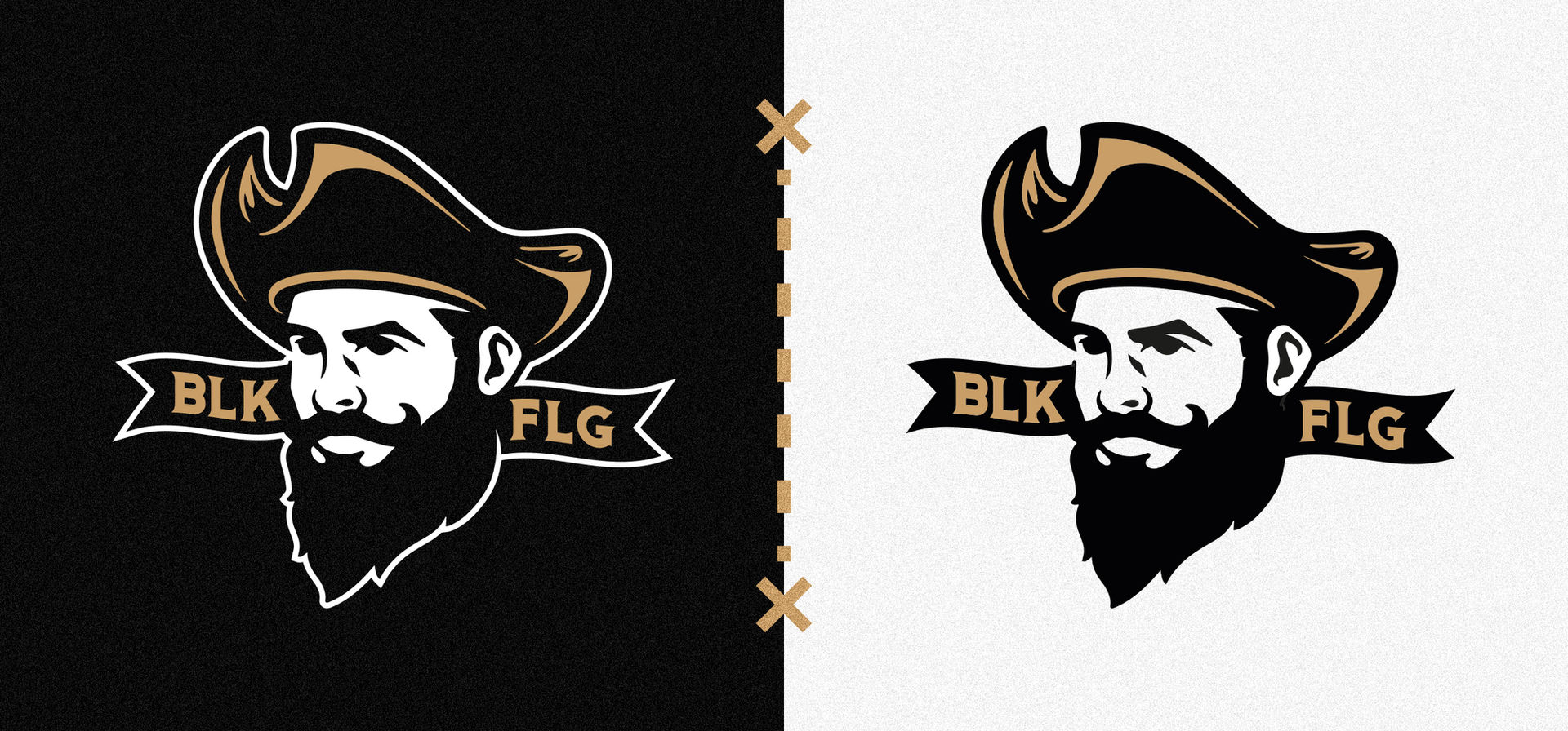 a character mascot logo of a pirate captain, on a white and black background, designed by freelance graphic designer, Stephen Williams