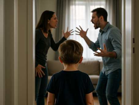 Bambino piccolo osserva i genitori mentre litigano animatamente in salotto, simbolo del disagio familiare e delle conseguenze psicologiche della violenza domestica e dello stalking post-separazione.