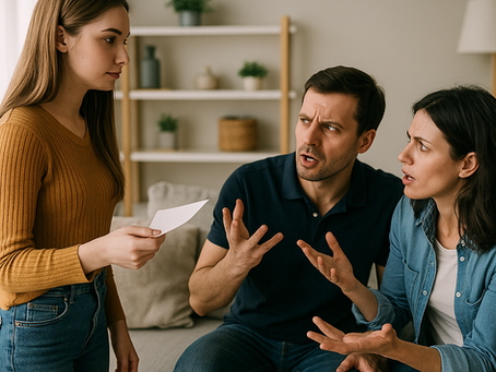 Giovane donna consegna un foglio a una coppia seduta sul divano durante una discussione familiare, simbolo di conflitto o disaccordo genitori-figlia.