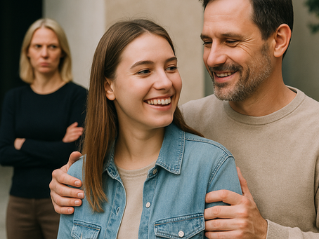 L’immagine rappresenta in modo efficace una situazione emotivamente carica e coerente con i temi giuridici trattati nell’articolo da te condiviso: una giovane donna felice e serena accanto al padre, mentre sullo sfondo si nota una figura femminile (verosimilmente la madre) che li osserva con espressione seria e le braccia conserte.  Questa scena può essere interpretata come una rappresentazione visiva del conflitto tra genitori separati sul tema del mantenimento della figlia maggiorenne che vive con uno dei due. La madre, in disparte e distante emotivamente, sembra incarnare il ruolo del genitore obbligato a contribuire economicamente nonostante la non convivenza, mentre il padre appare coinvolto e accogliente, a sottolineare la continuità del sostegno affettivo e quotidiano.