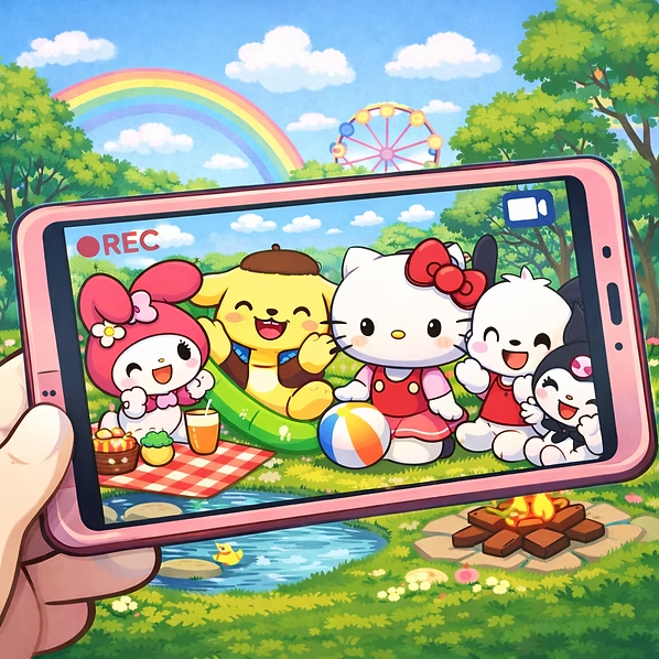 Cute Sanrio-style characters recorded on phone screen