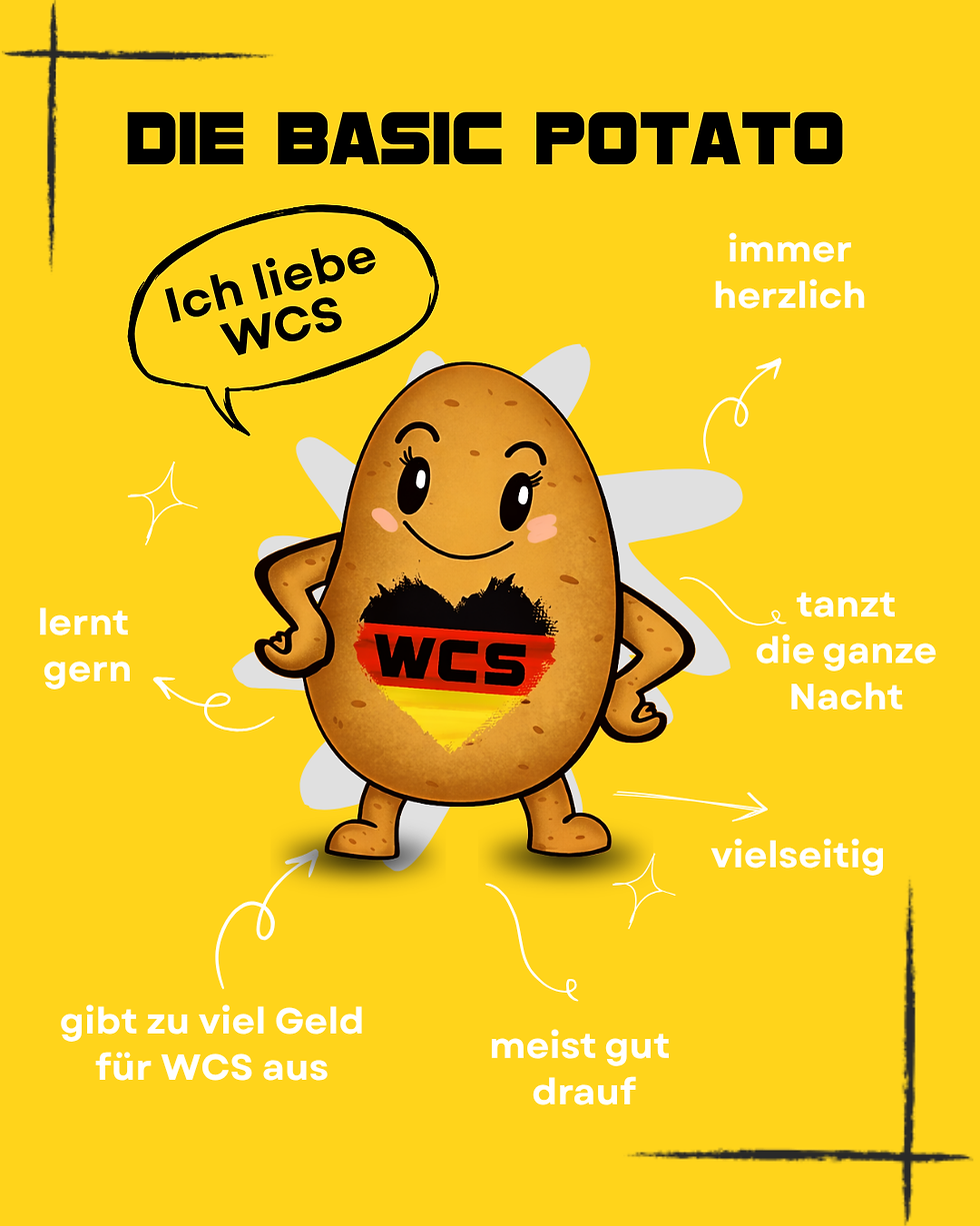 „Die Basic Potato – WCS Germany Maskottchen: herzlich, lernfreudig, tanzt die ganze Nacht und gibt zu viel Geld für West Coast Swing aus"