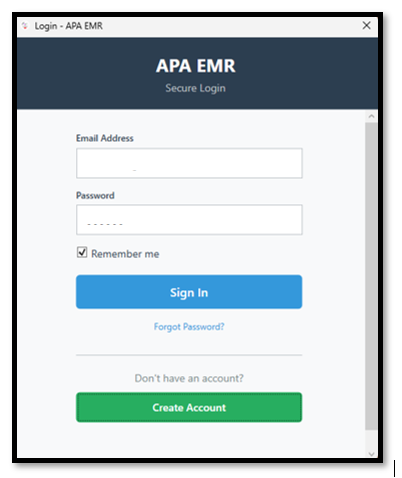 Login screen for APA EMR with fields for email and password, options to remember login, sign in, create account, and reset password.