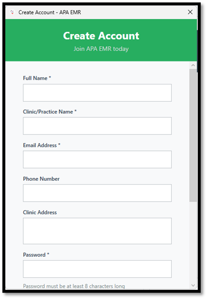 Form to create an account for APA EMR. Fields: full name, clinic/practice name, email, phone, address, password. Green header.