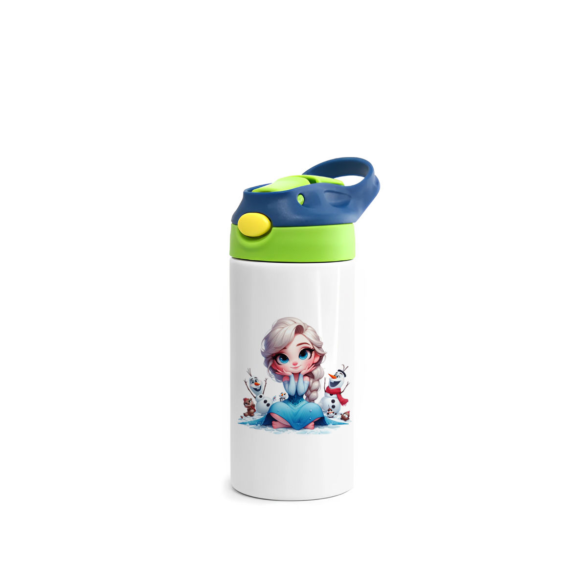 Squeeze de Inox Branco Infantil com Bico Automático Tampa Azul e Verde