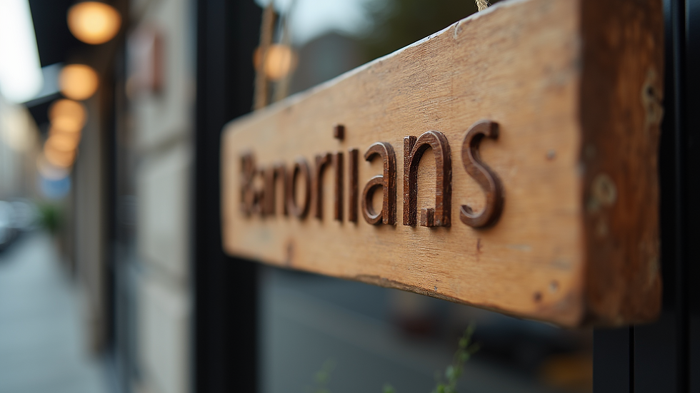 Close-up view of a wooden signboard with engraved business name
