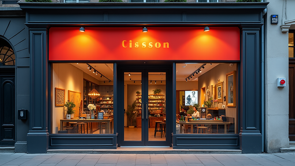 Eye-level view of a modern storefront with vibrant custom signage