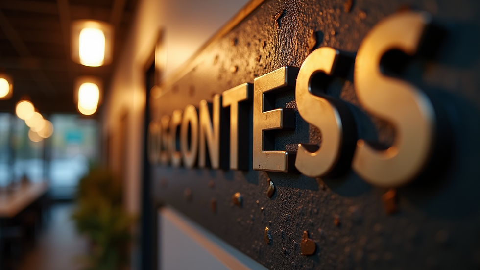 Close-up view of a custom metal business sign with backlighting