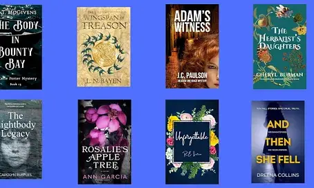 Book covers - The Body in Bounty Bay, The Wingspan of Treason, Adam's Witness, The Herbalist's Daughters, The Lightbody Legacy, Rosalie's Apple Tree, Unforgettable,  and And Then She Fell.