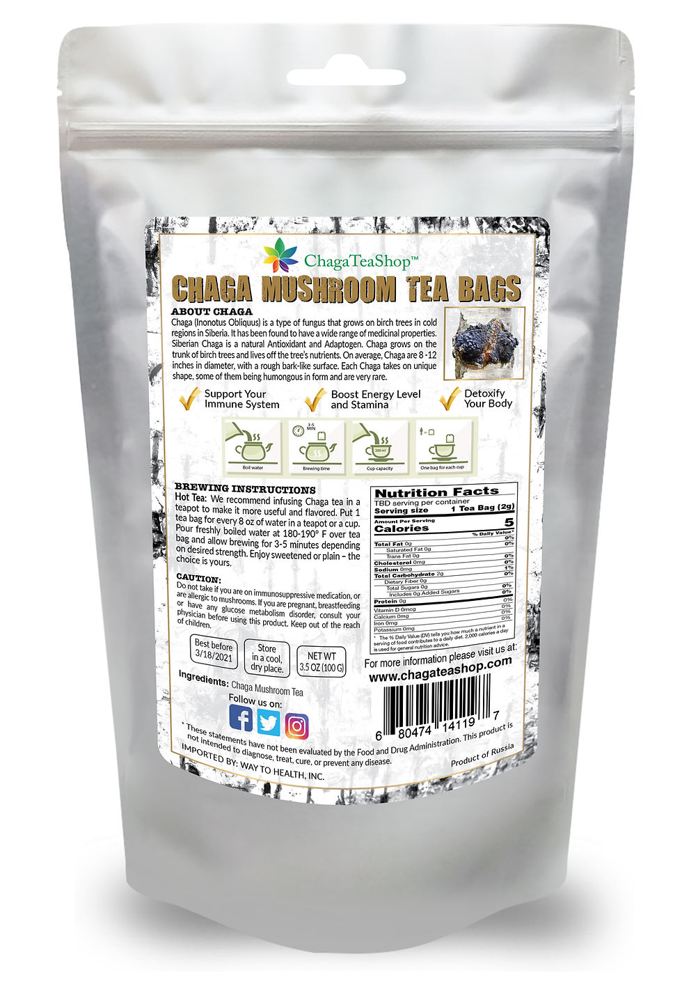 Thumbnail: Siberian Chaga Mushroom Tea Individual Filter Tea Bags Original Caffeine-Free