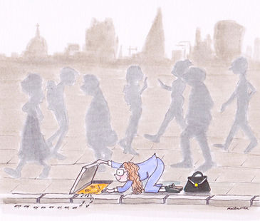 original cartoon of a young woman. She is wearing a lilac suit. In the background is the City of London and commuters are walking past her. She is kneeling on the floor and peeking under a paving slab. A line of ants are under the slab and they have formed themselves into a smiley face.