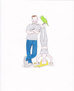 Cartoon of a young male and female couple. The woman is doing a handstand and has a parrot on her foot.