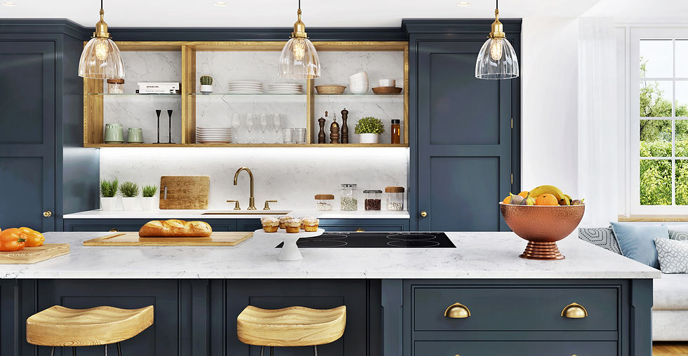 Photo of a kitchen with dark blue cabintry, gold handles, marble worksurface