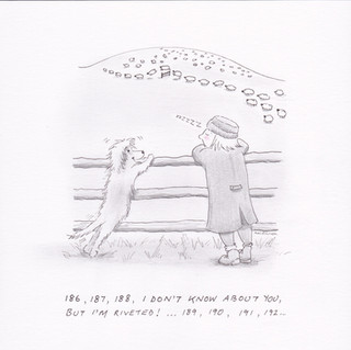 Cartoon of a working bearded collie dog leaning on a fence counting sheep. The sheep are jumping over a fence in the distance. The dog is saying "186, 187, 188. I don't know about you, but I'm riveted ... 189, 190, 191". The woman he is standing with is asleep.