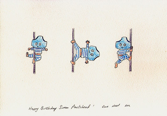 An original Mel Barren cartoon, Simon Pantshead does Chinese Pole, cartoon humour