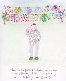 Original cartoon by Mel Barren of a man in a brightly patterned shirt. The caption says "